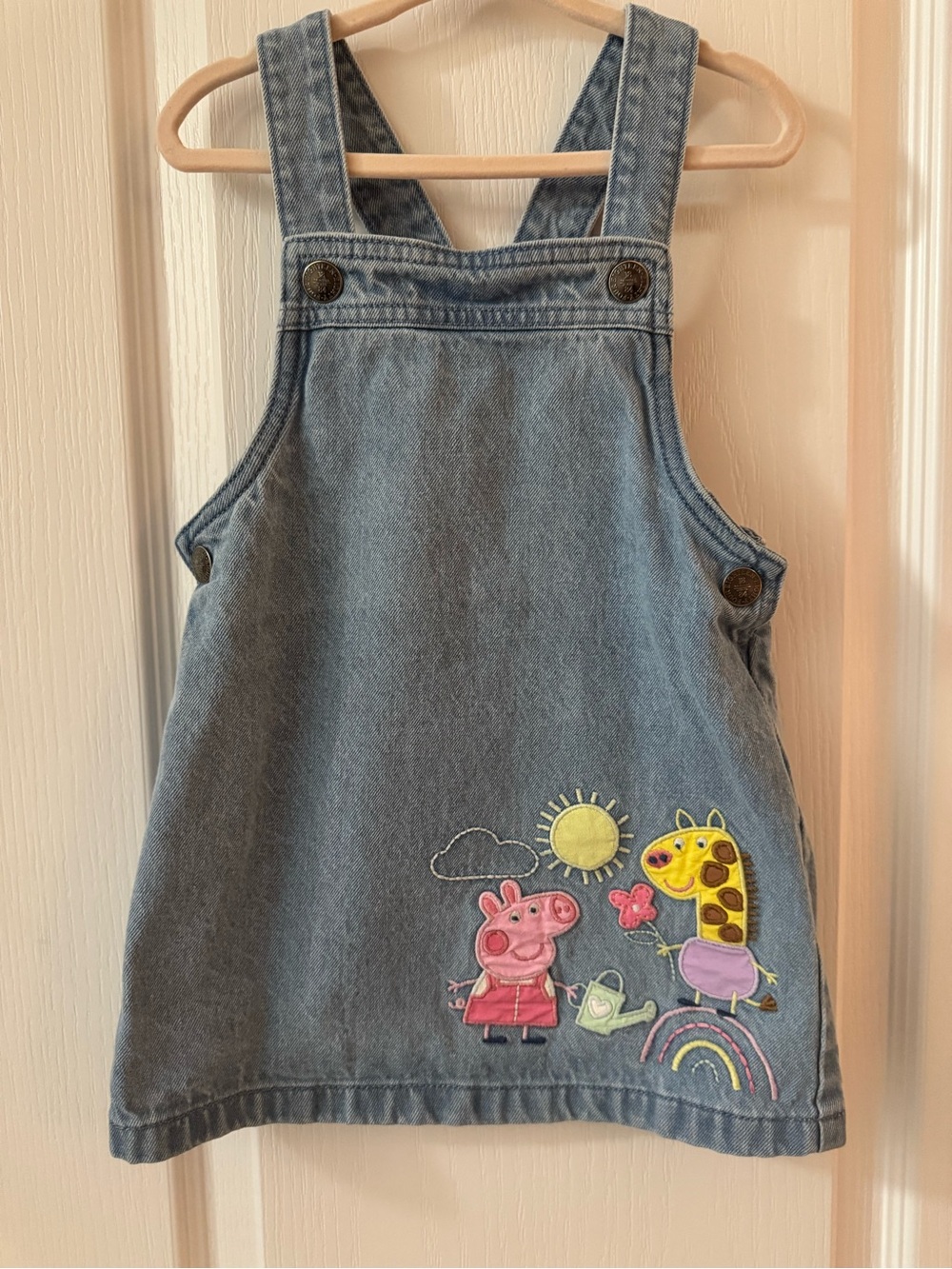 Denim Blue Kids Pinafore Dress with Playful Character Embroidery Peppa Pig